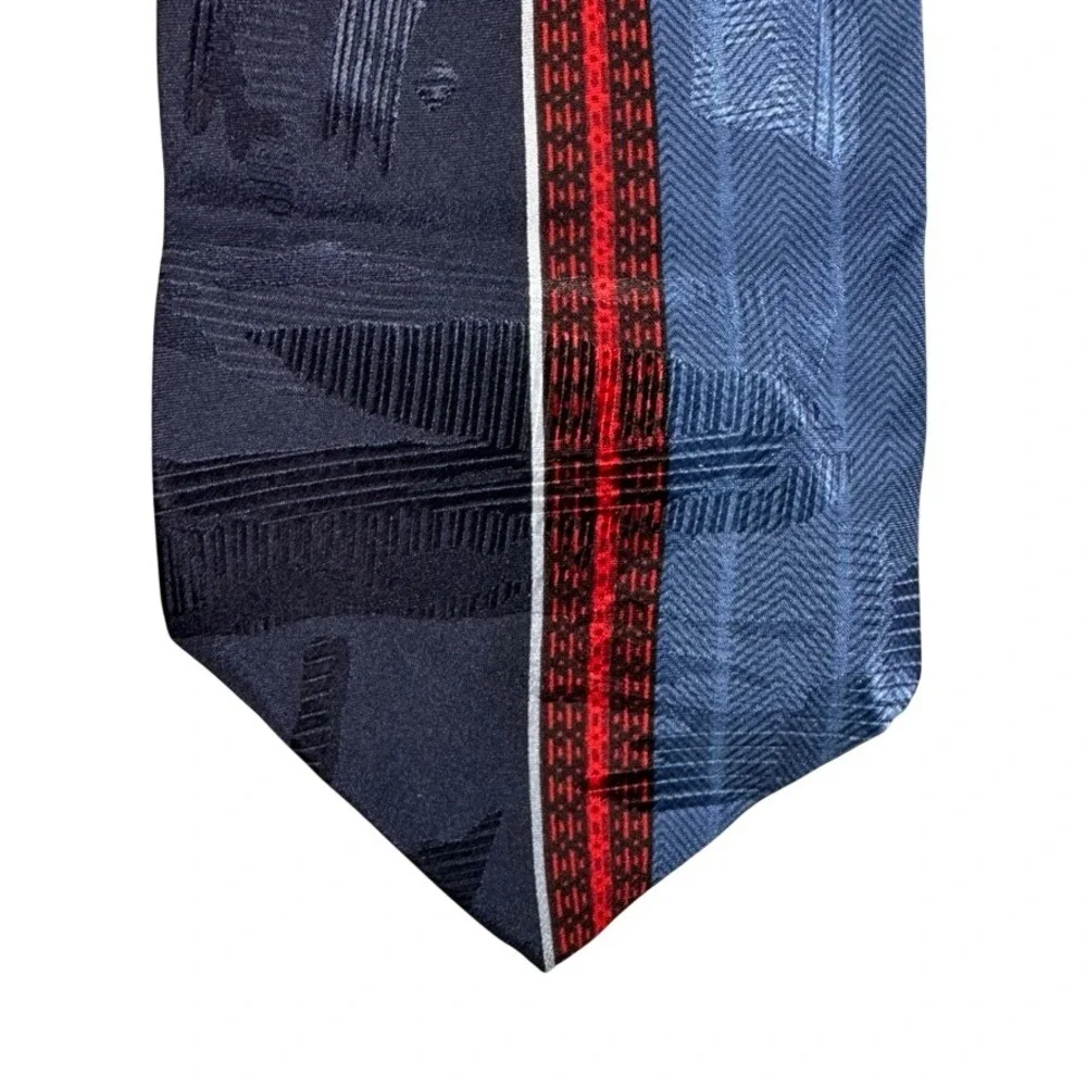 J. Ferrar Mens Silk Tie Blue Navy Red Geometric Stripe Made in Italy Necktie